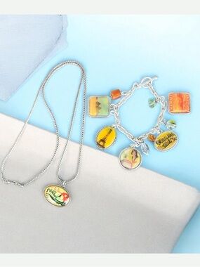 Vintage AAi Travel Theme Charm Bracelet/ Reversible Pendant Necklace